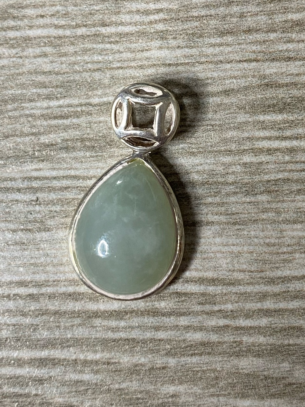 Green Jade Teardrop Pendant Chinese Lucky Coin Bail Polished Gemstone Necklace